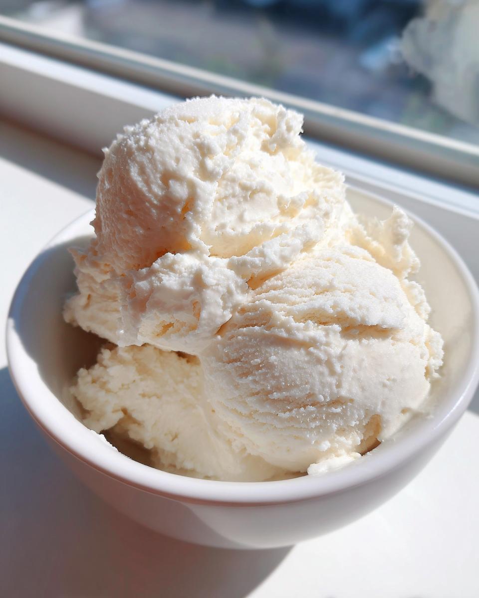 Close-up of three scoops of creamy white protein ice cream in a small white bowl, sitting on a sunlit windowsill.