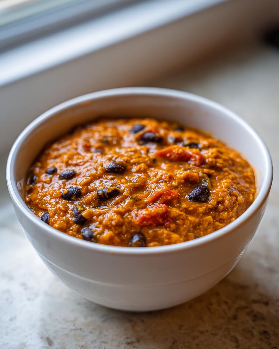 Close-up of a white bowl filled with thick, orange vegan pumpkin chili featuring black beans and diced tomatoes.