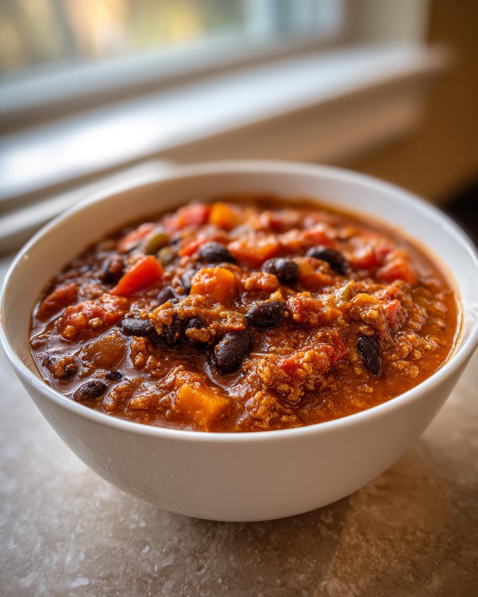 Close-up of a white bowl filled with rich, thick vegan pumpkin chili featuring black beans and diced orange squash.