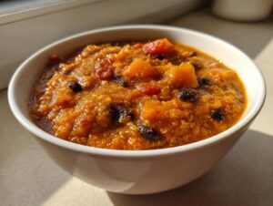 Close-up of a thick, orange vegan pumpkin chili with chunks of squash and black beans in a white bowl.