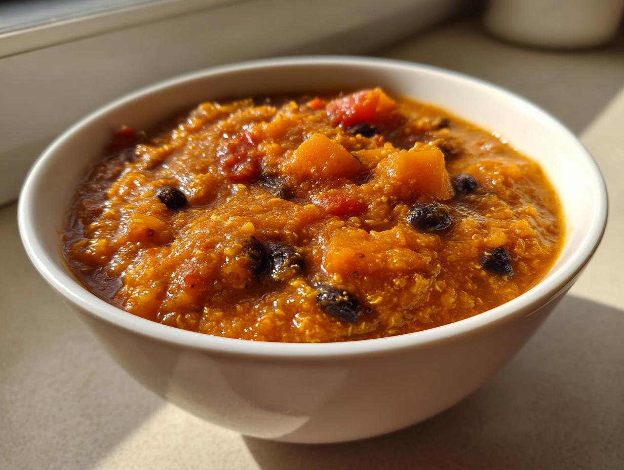 Close-up of a thick, orange vegan pumpkin chili with chunks of squash and black beans in a white bowl.