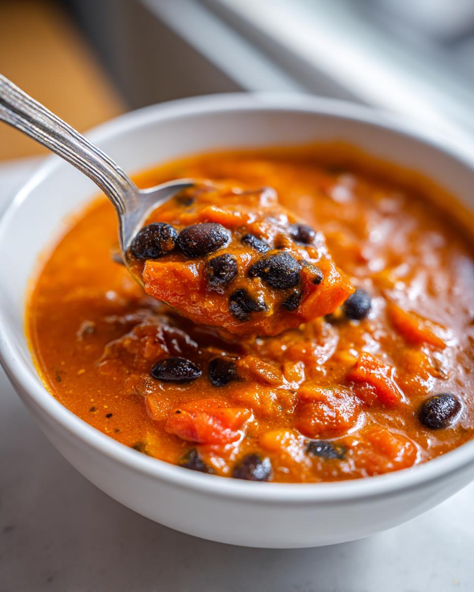 A spoonful of rich, orange vegan pumpkin chili filled with black beans being lifted from a white bowl.