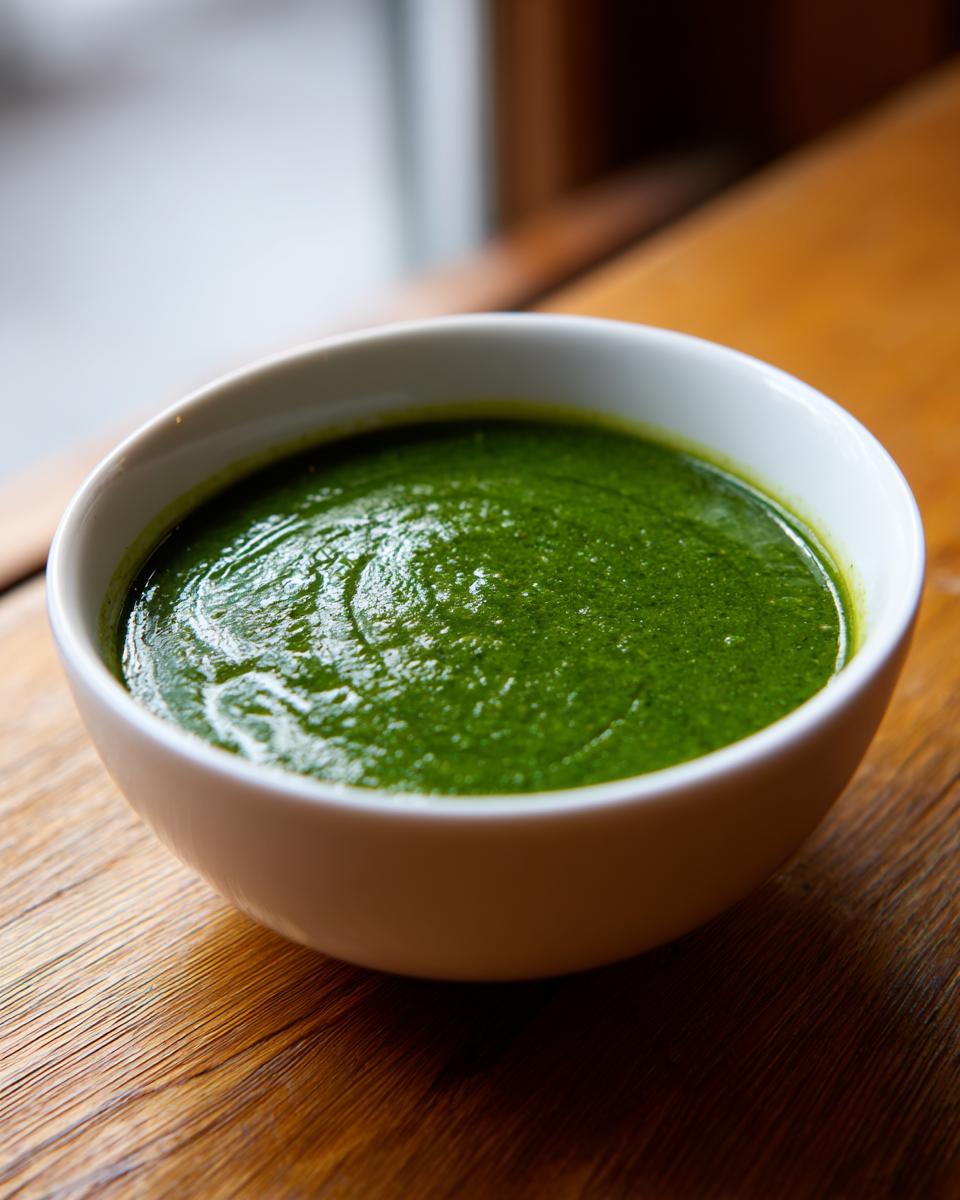 A close-up of a bowl filled with vibrant green asparagus soup resting on a wooden table.