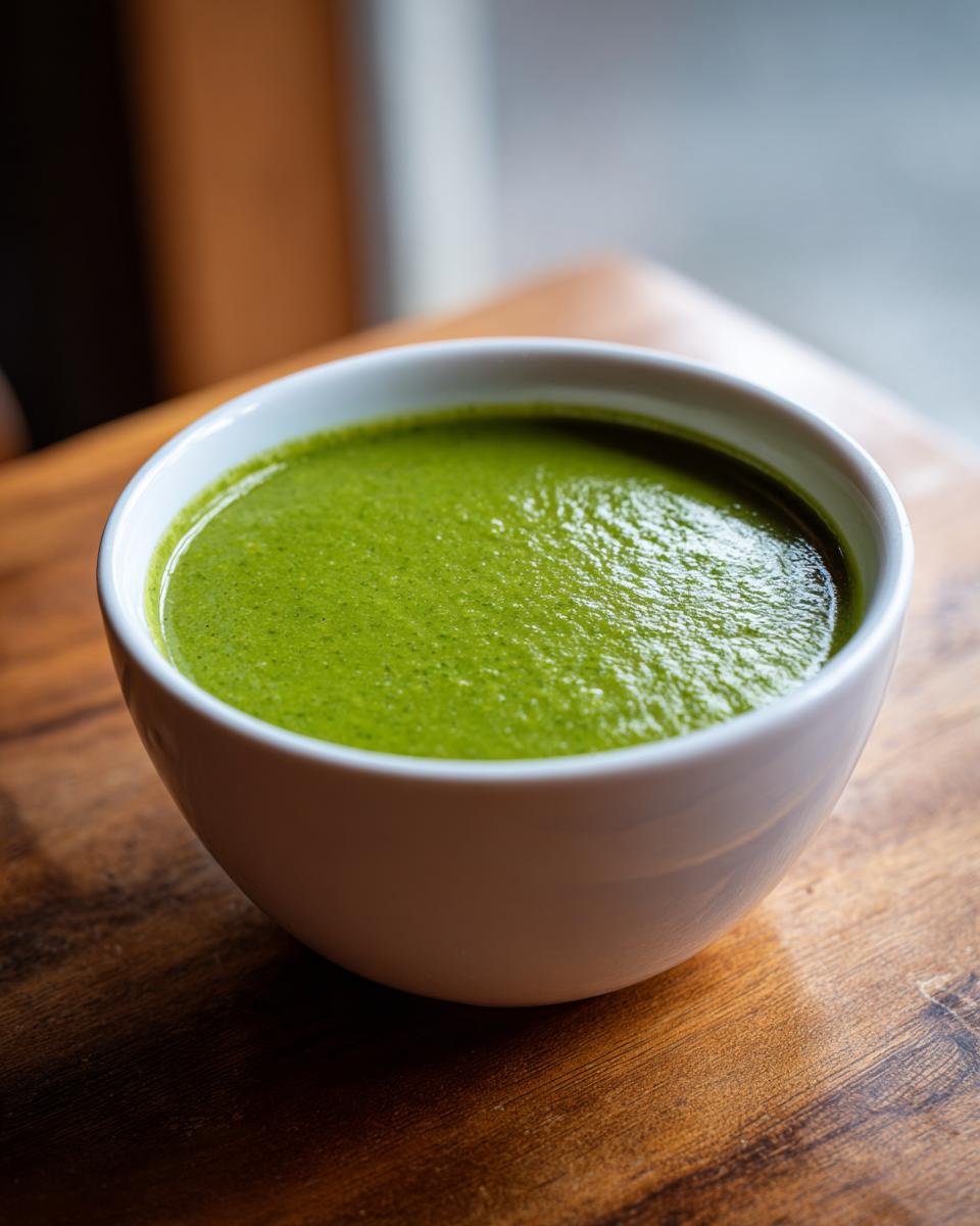 Close-up of a bowl filled with smooth, vibrant green asparagus soup resting on a wooden table.
