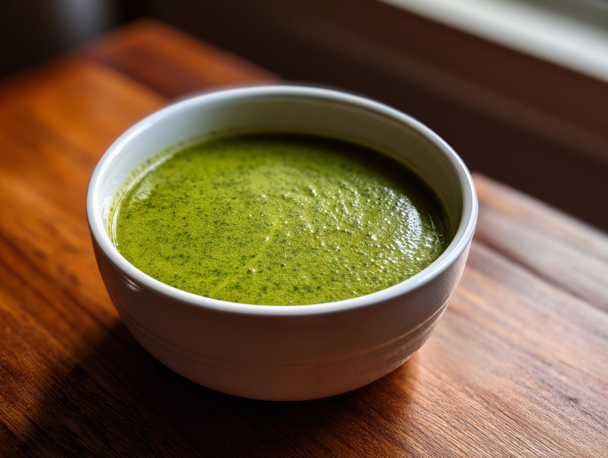 A close-up of a bowl filled with vibrant green asparagus soup resting on a wooden surface.