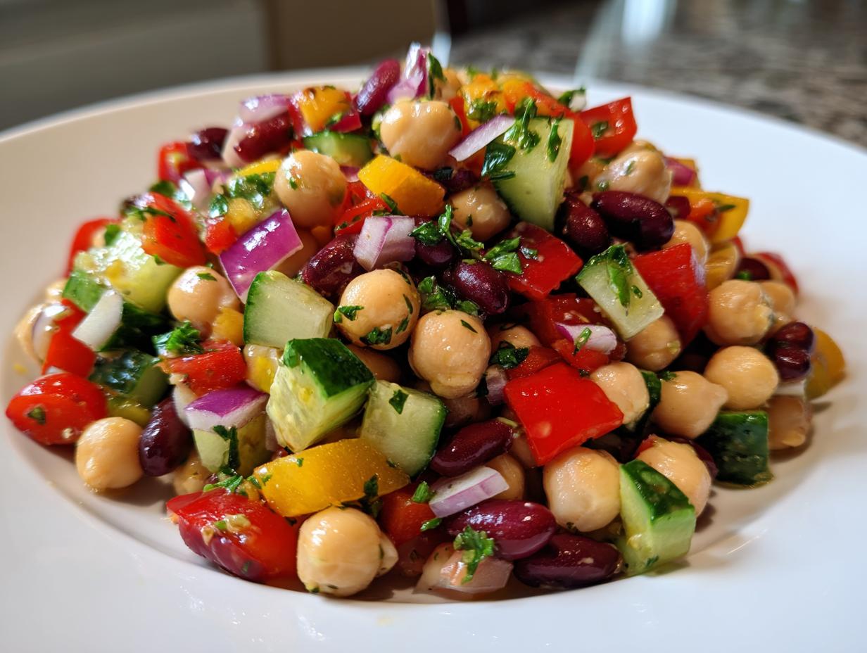 A close-up of a colorful, fresh bean salad featuring chickpeas, kidney beans, cucumber, and red onion.