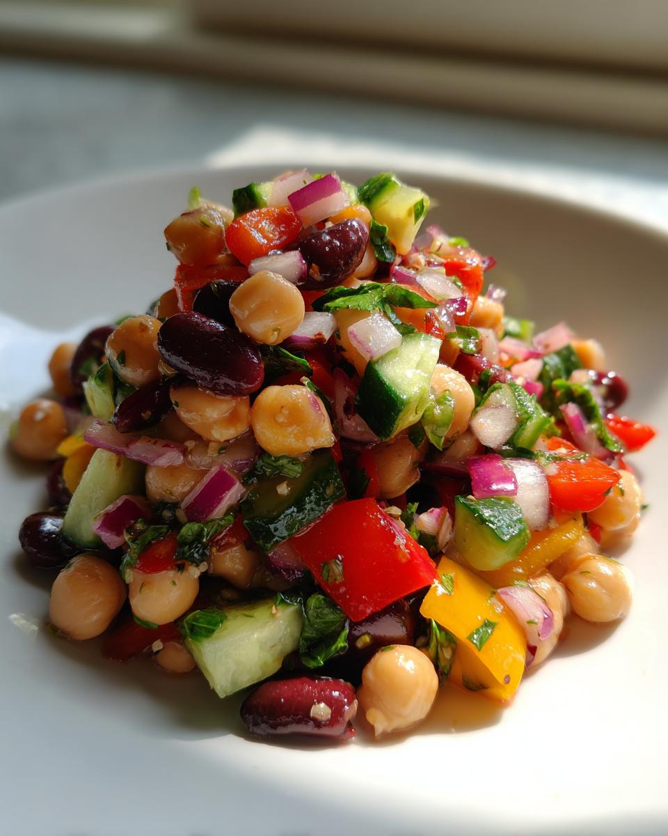 A vibrant mound of fresh bean salad featuring chickpeas, kidney beans, diced cucumber, red onion, and bell peppers.