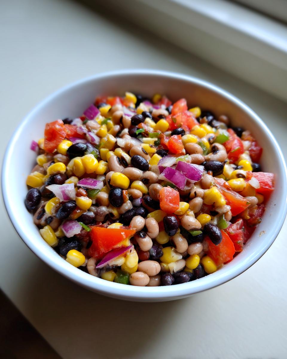 Close-up of a white bowl filled with colorful cowboy caviar, featuring black beans, black-eyed peas, corn, tomatoes, and red onion.