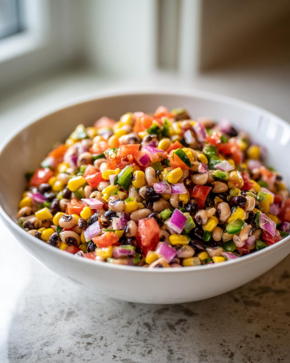 Close-up of a white bowl filled with colorful cowboy caviar, featuring black-eyed peas, corn, tomatoes, and red onion.