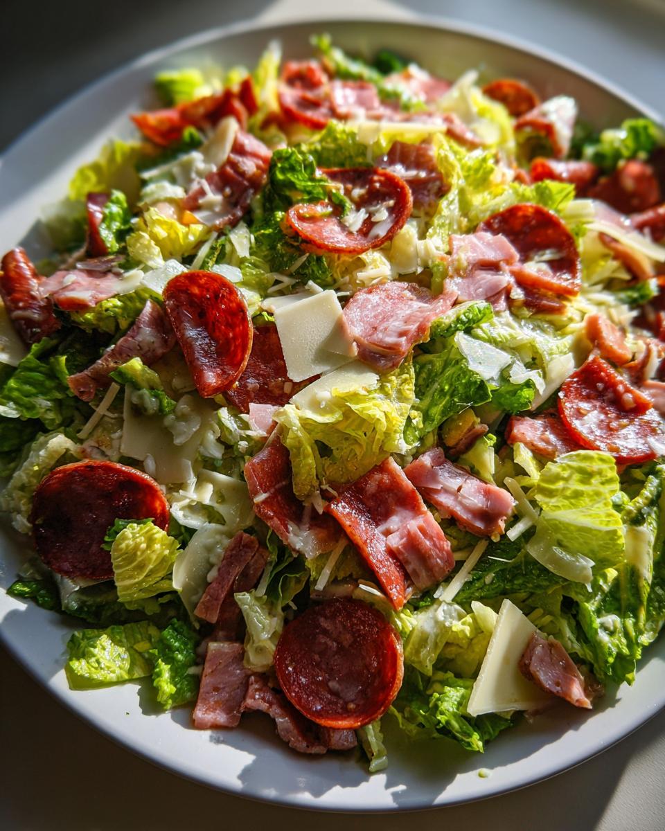 A vibrant close-up of a grinder salad featuring crisp lettuce, pepperoni slices, ham pieces, and shaved Parmesan cheese.