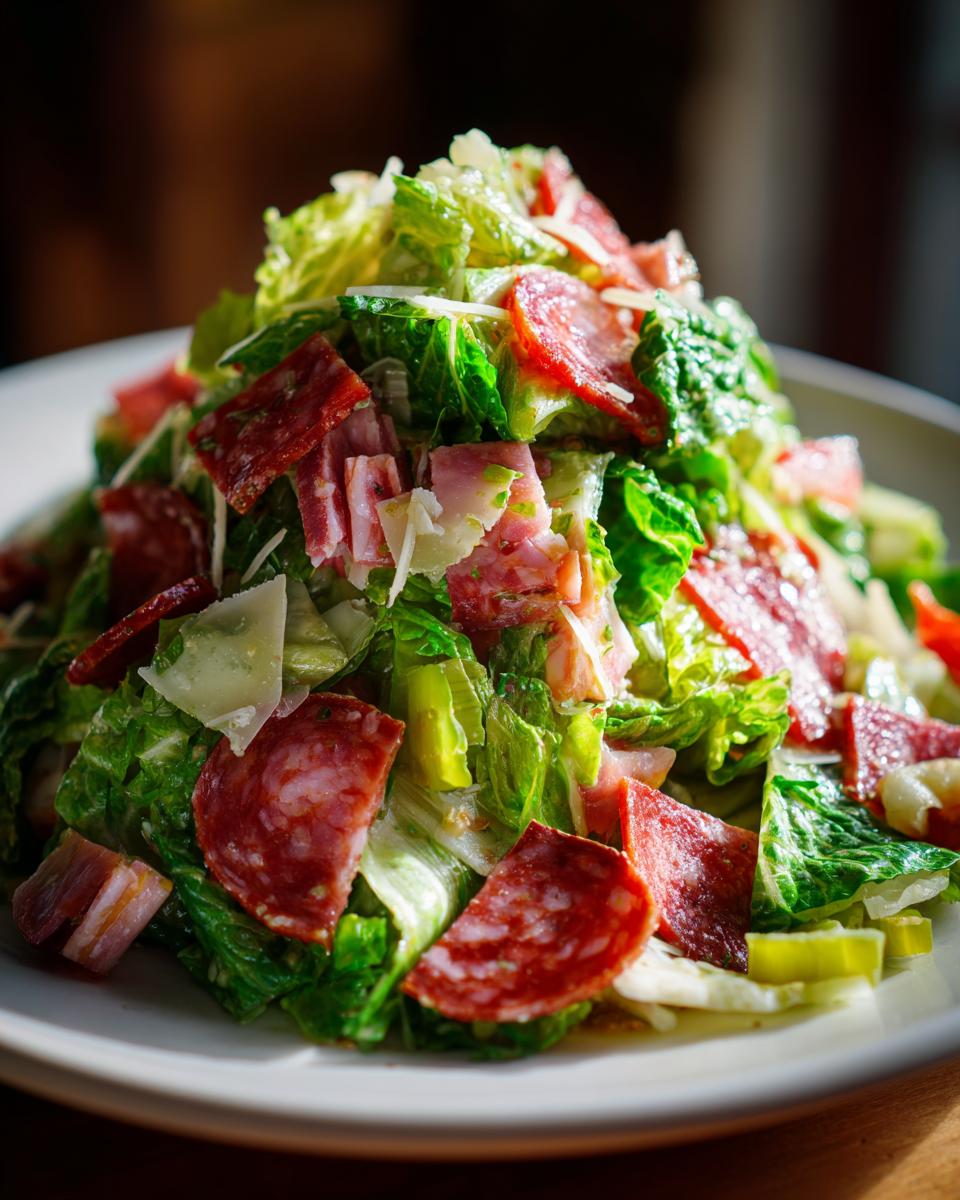 A close-up of a vibrant grinder salad featuring crisp lettuce, salami, ham, and shaved Parmesan cheese.