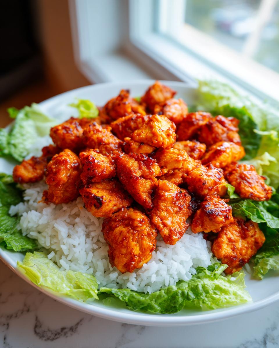 Close-up of vibrant, saucy harissa chicken pieces served over white rice and surrounded by fresh green lettuce leaves.