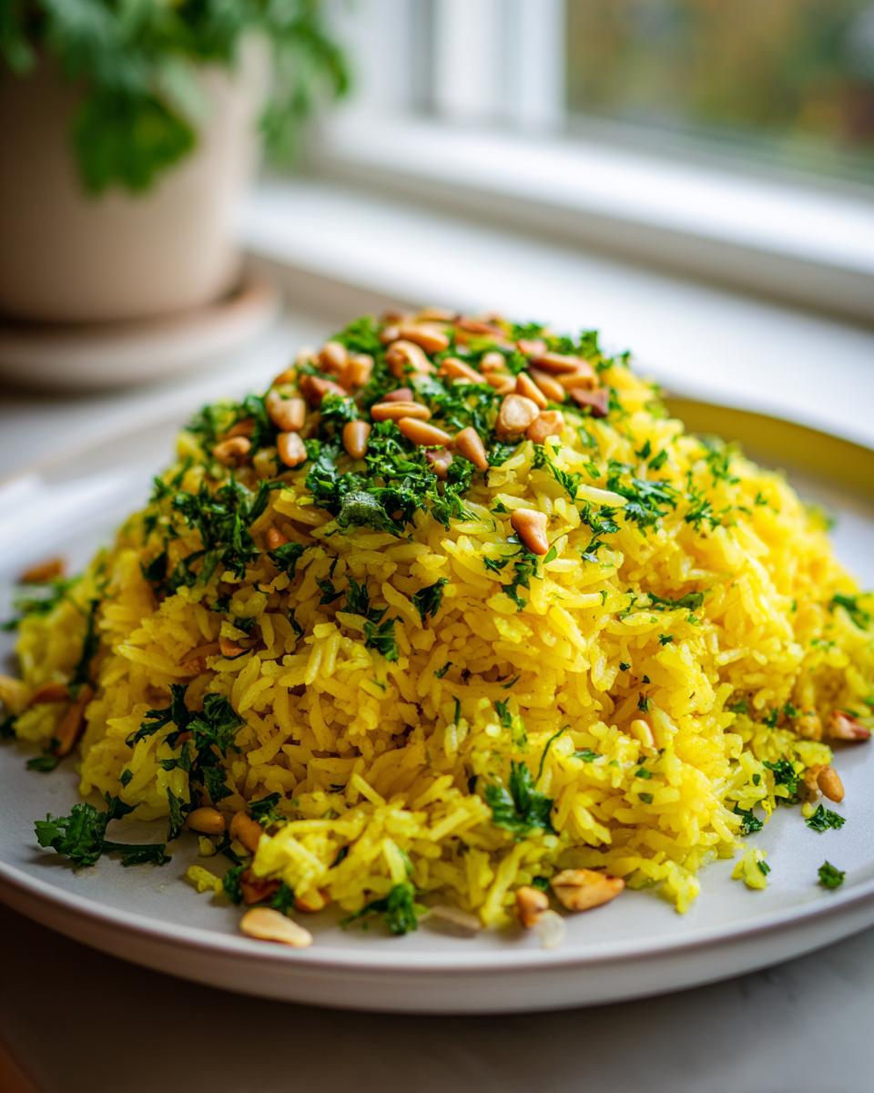 A mound of vibrant yellow mediterranean rice topped with fresh parsley and toasted pine nuts.