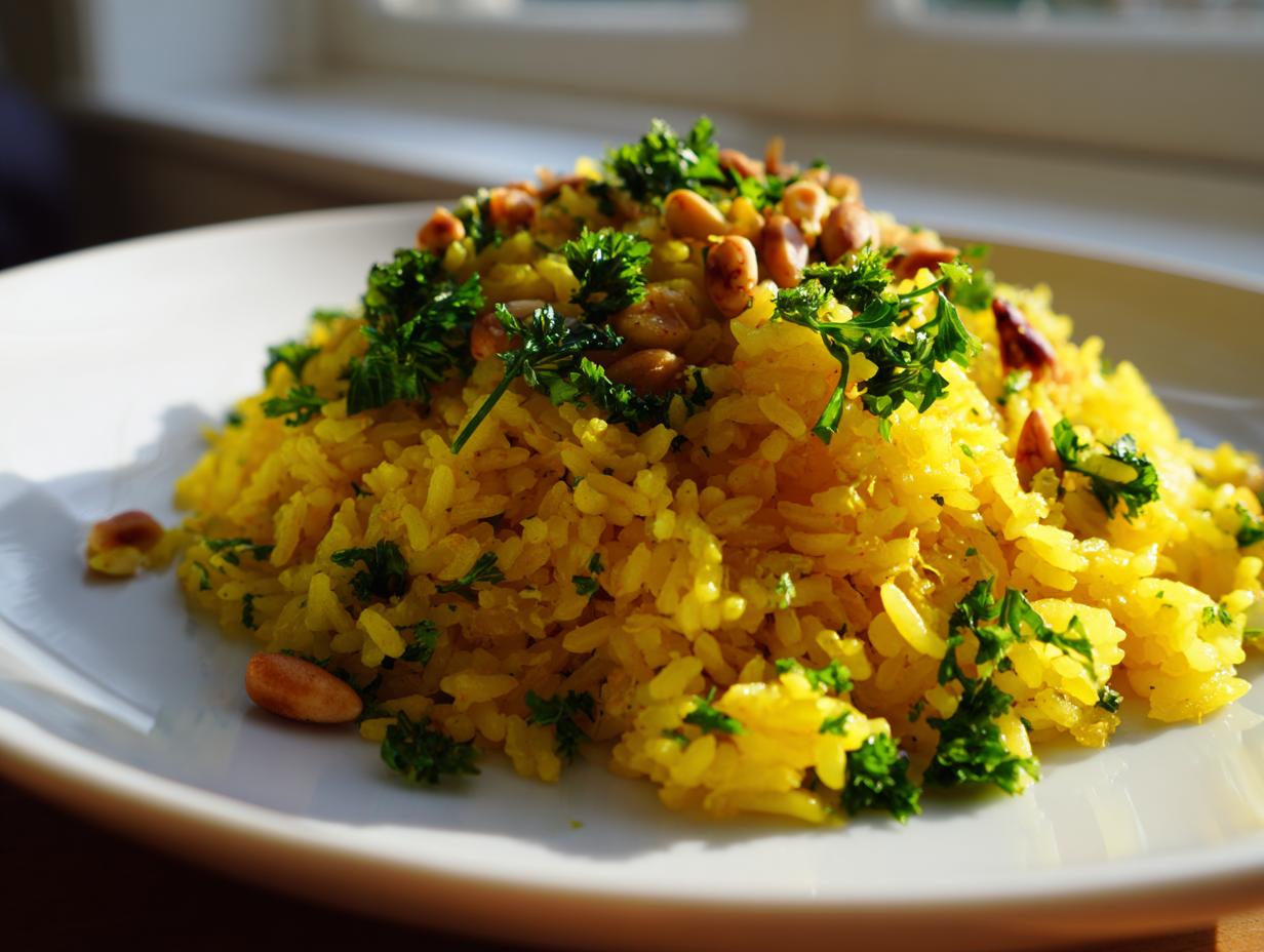 A mound of vibrant yellow mediterranean rice topped with fresh chopped parsley and toasted pine nuts on a white plate.