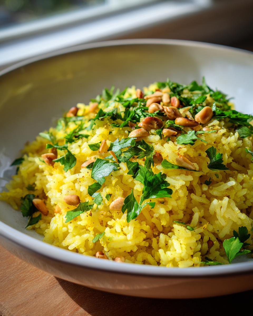 Close-up of vibrant yellow mediterranean rice topped with fresh parsley and toasted pine nuts in a light bowl.