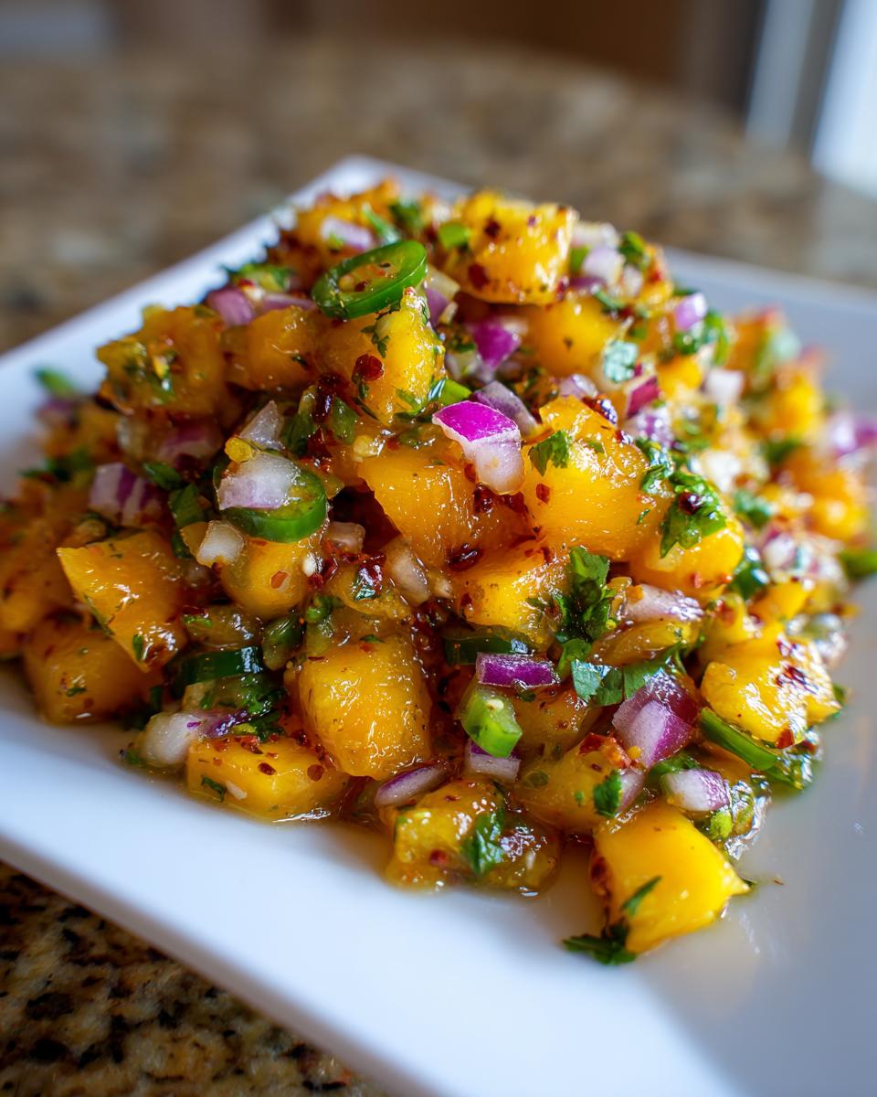 Close-up of bright, chunky peach salsa featuring diced peaches, red onion, jalapeño, and cilantro on a white plate.