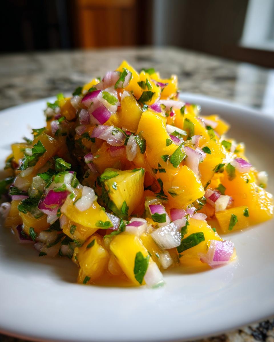Close-up of vibrant peach salsa featuring diced yellow peaches, red onion, and cilantro on a white plate.