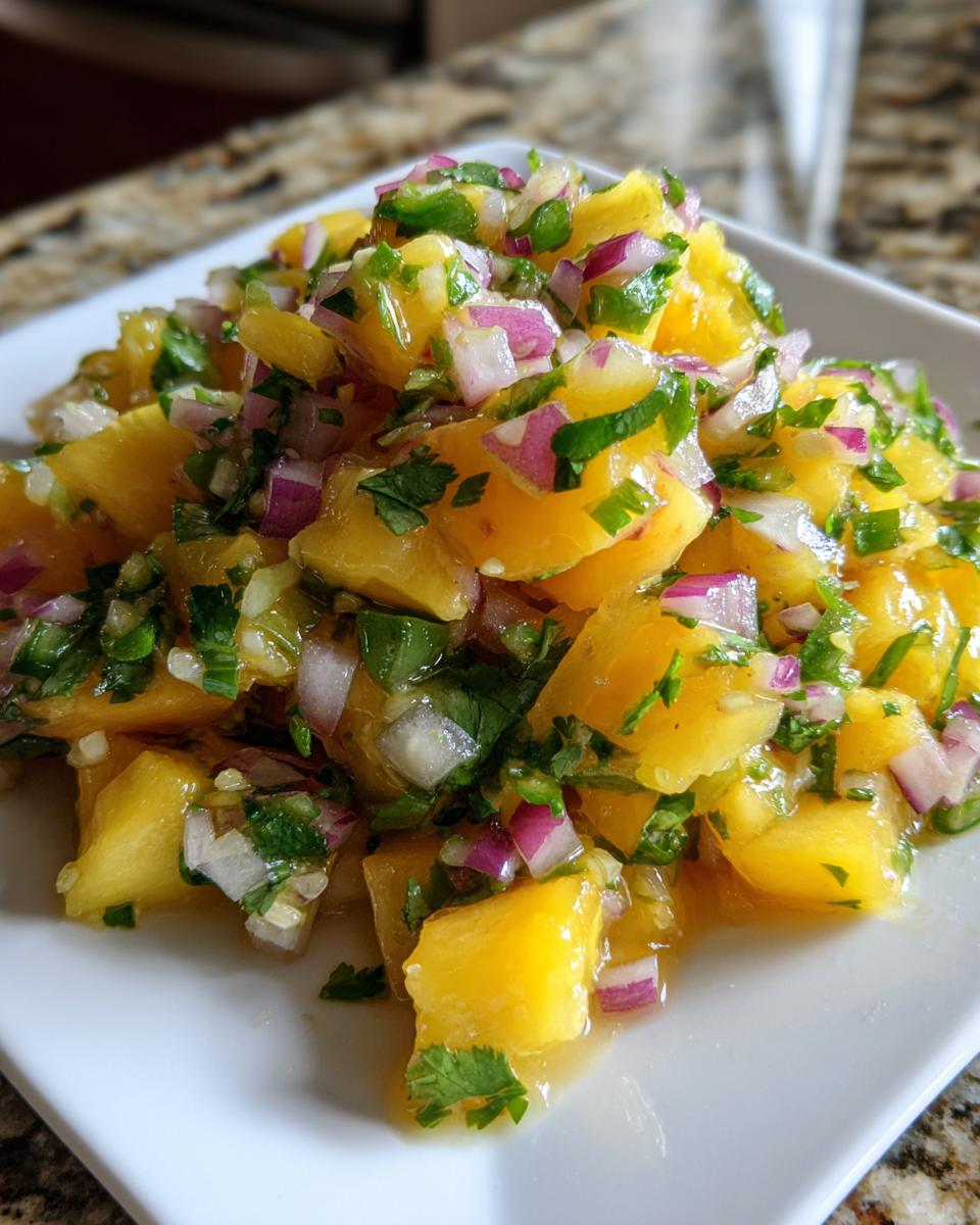 Close-up of bright yellow chunks of peach mixed with diced red onion and fresh cilantro in a vibrant peach salsa.