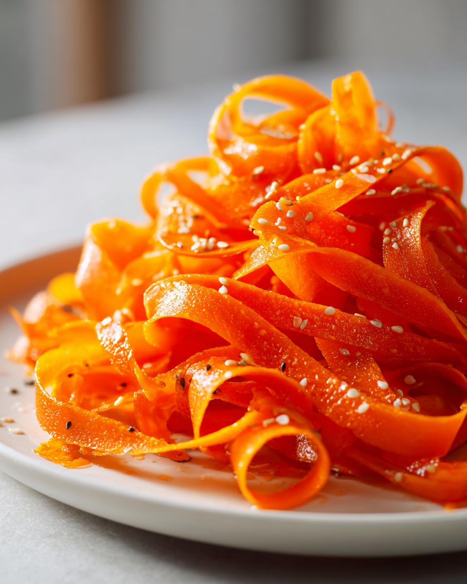 Close-up of vibrant orange ribbons in a raw carrot salad, topped with white and black sesame seeds.