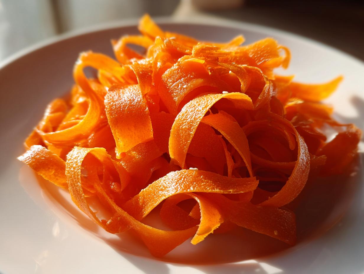 Close-up of bright orange, shaved ribbons making up a simple raw carrot salad, lightly sprinkled with sesame seeds.