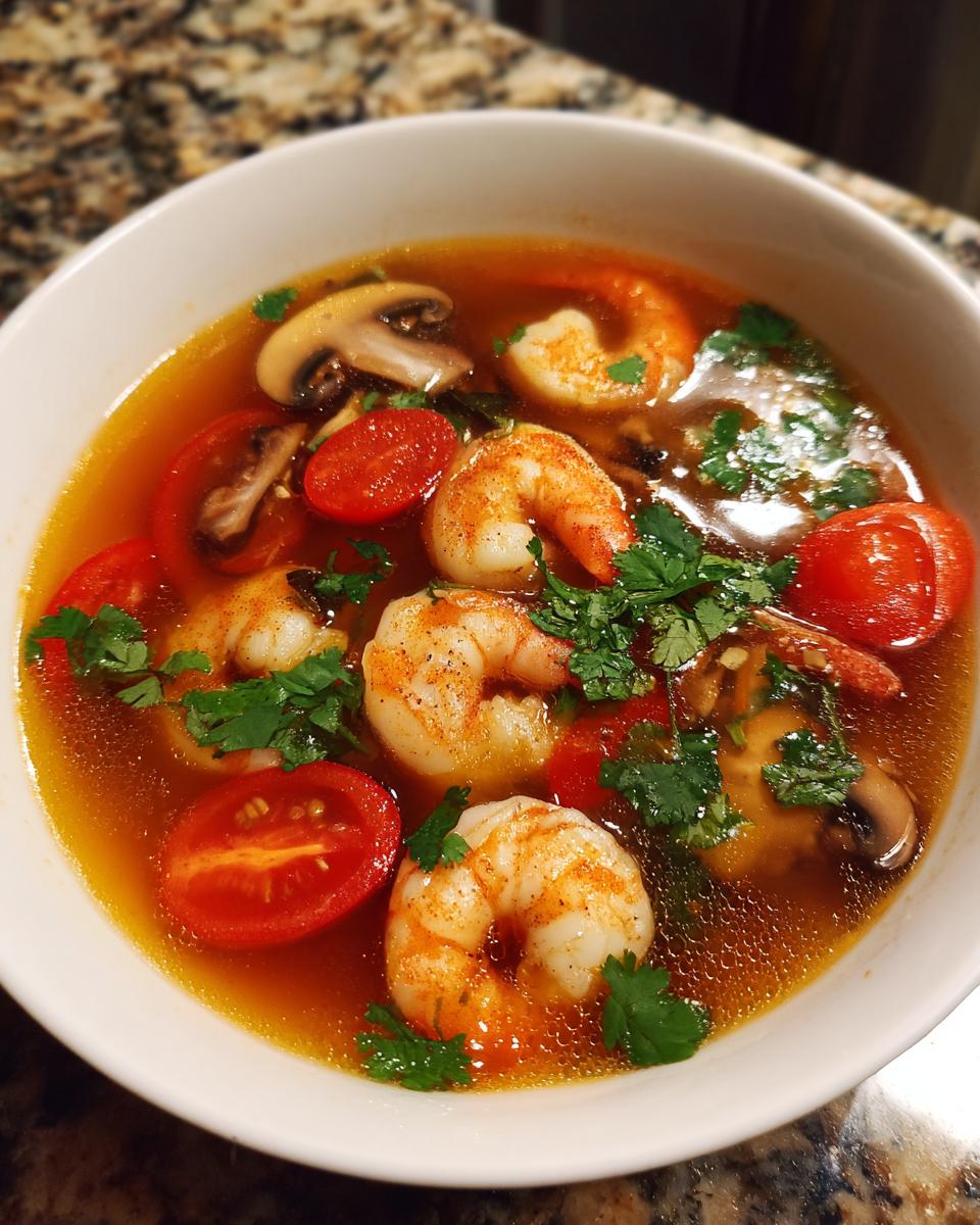 A close-up of a white bowl filled with rich, orange broth tom yum soup featuring plump shrimp, cherry tomatoes, and mushrooms.