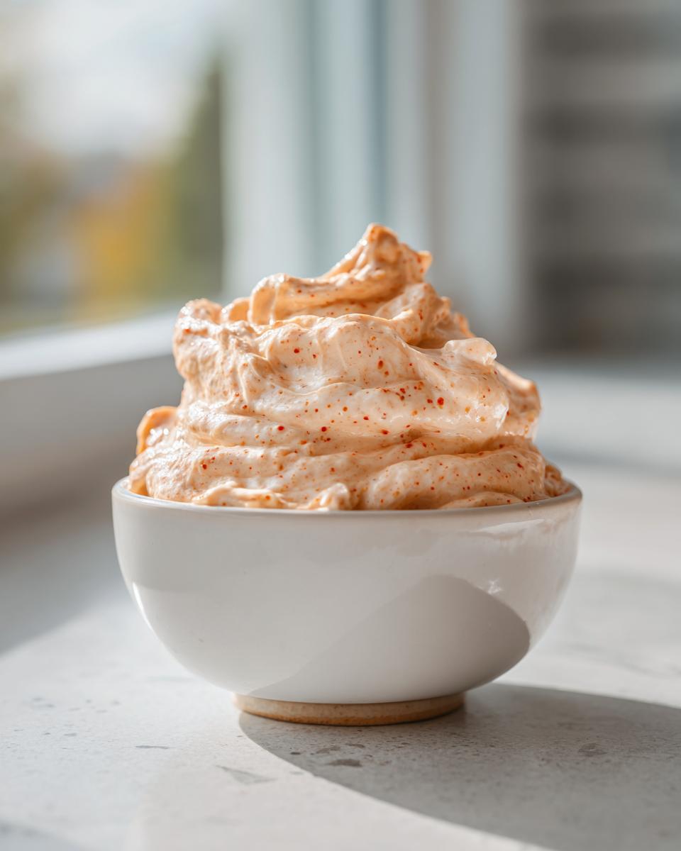 A close-up of creamy, orange-tinted smash burger sauce, speckled with red spices, piped high in a small white bowl.