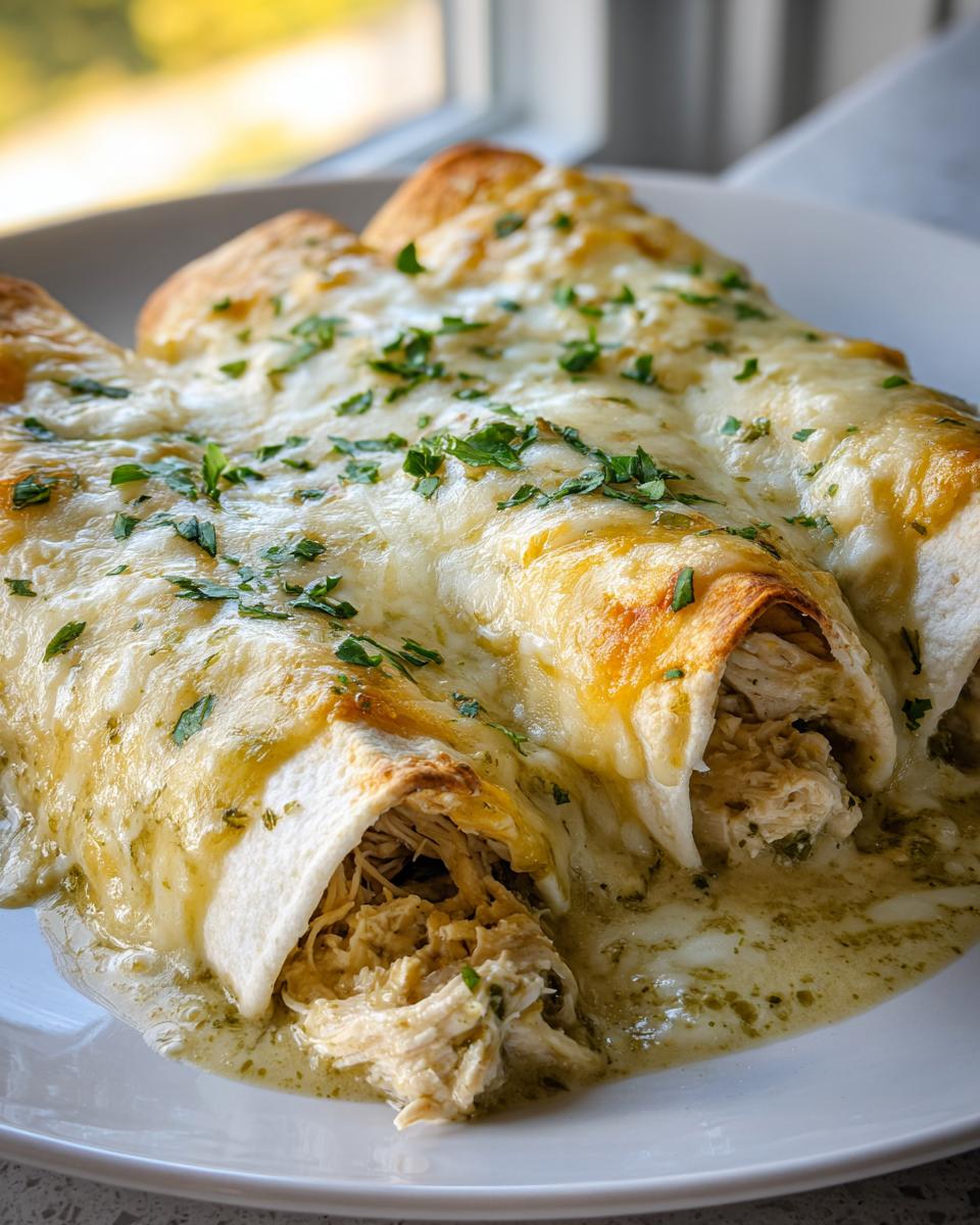 Close-up of three delicious white chicken enchiladas covered in melted white cheese and green sauce, garnished with parsley.