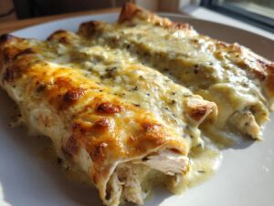 Close-up of two baked white chicken enchiladas covered in creamy green sauce and browned, melted cheese.