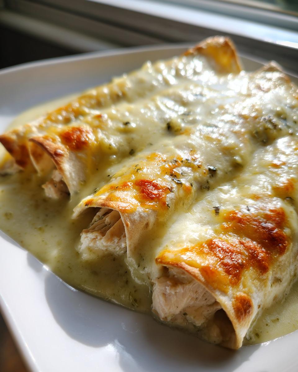 Close-up of three delicious white chicken enchiladas covered in creamy green sauce and melted, browned cheese.