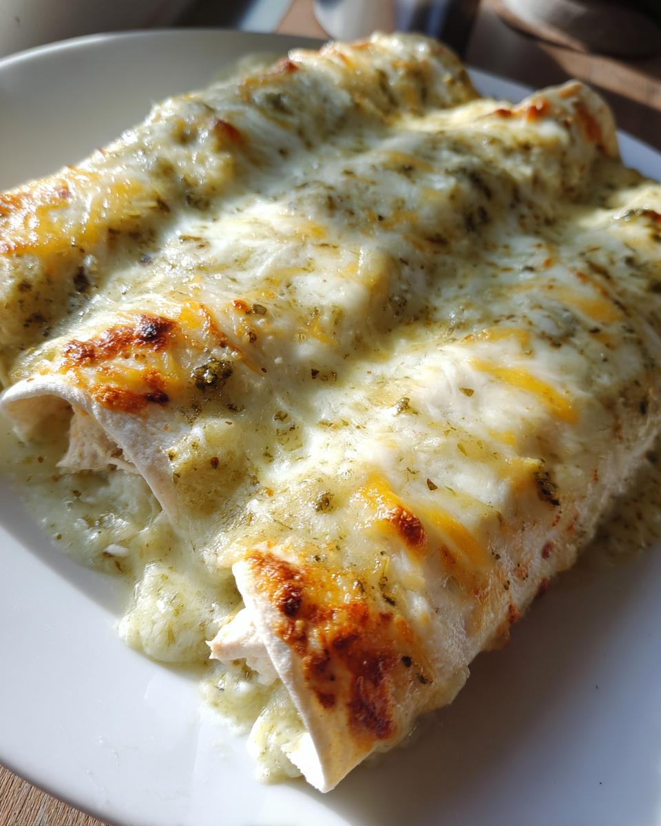 Close-up of baked white chicken enchiladas covered in melted white cheese and green sauce.