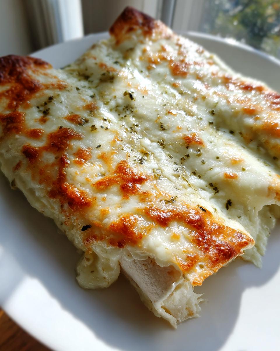 Close-up of two baked white chicken enchiladas covered in melted, bubbly white cheese and green herbs.