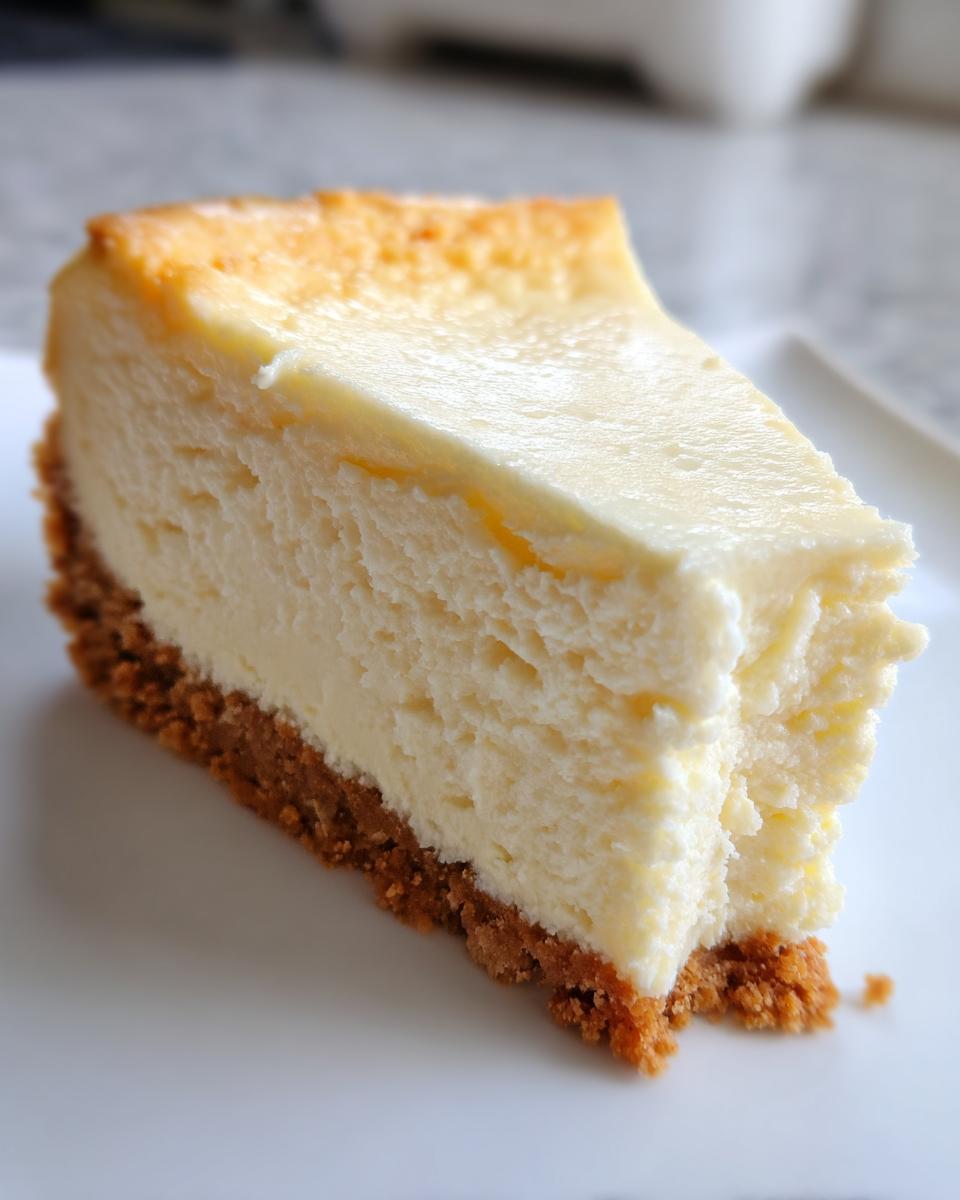A close-up of a thick, creamy slice of baked white chocolate cheesecake with a golden top and graham cracker crust.