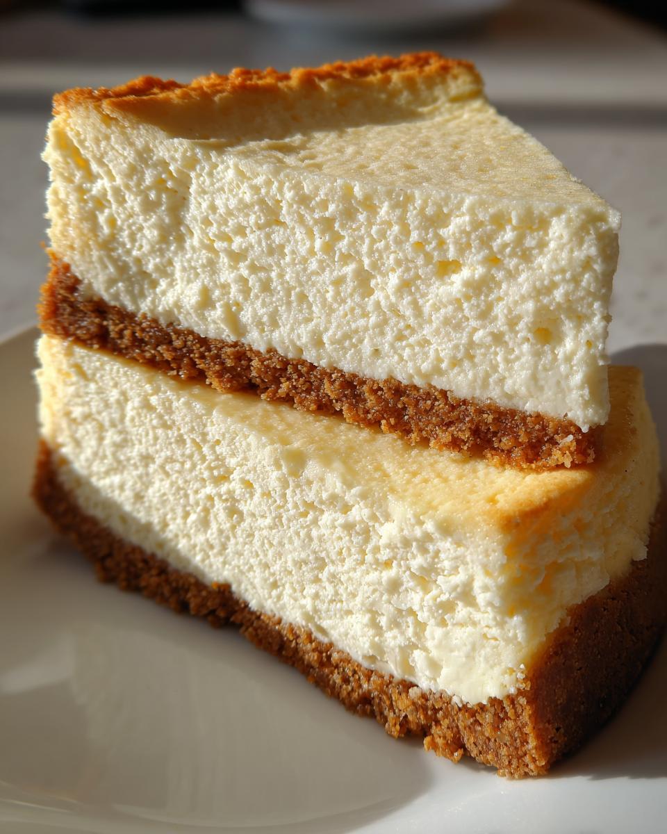 Two stacked slices of creamy white chocolate cheesecake showing a thick graham cracker crust.