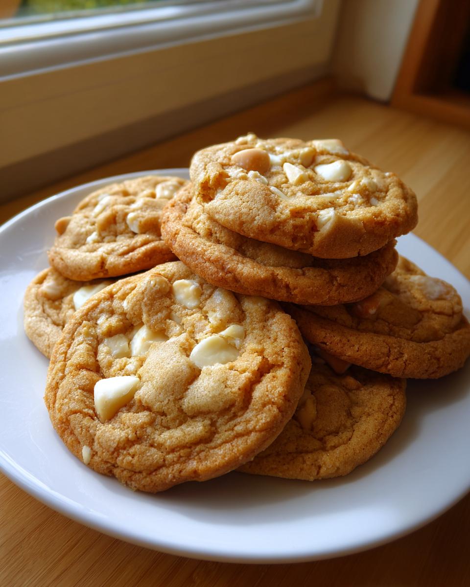A stack of freshly baked white chocolate macadamia nut cookies resting on a white plate near a window.