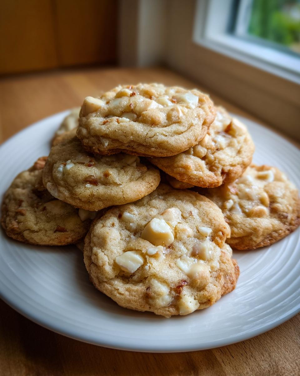A stack of freshly baked white chocolate macadamia nut cookies piled on a white plate near a window.