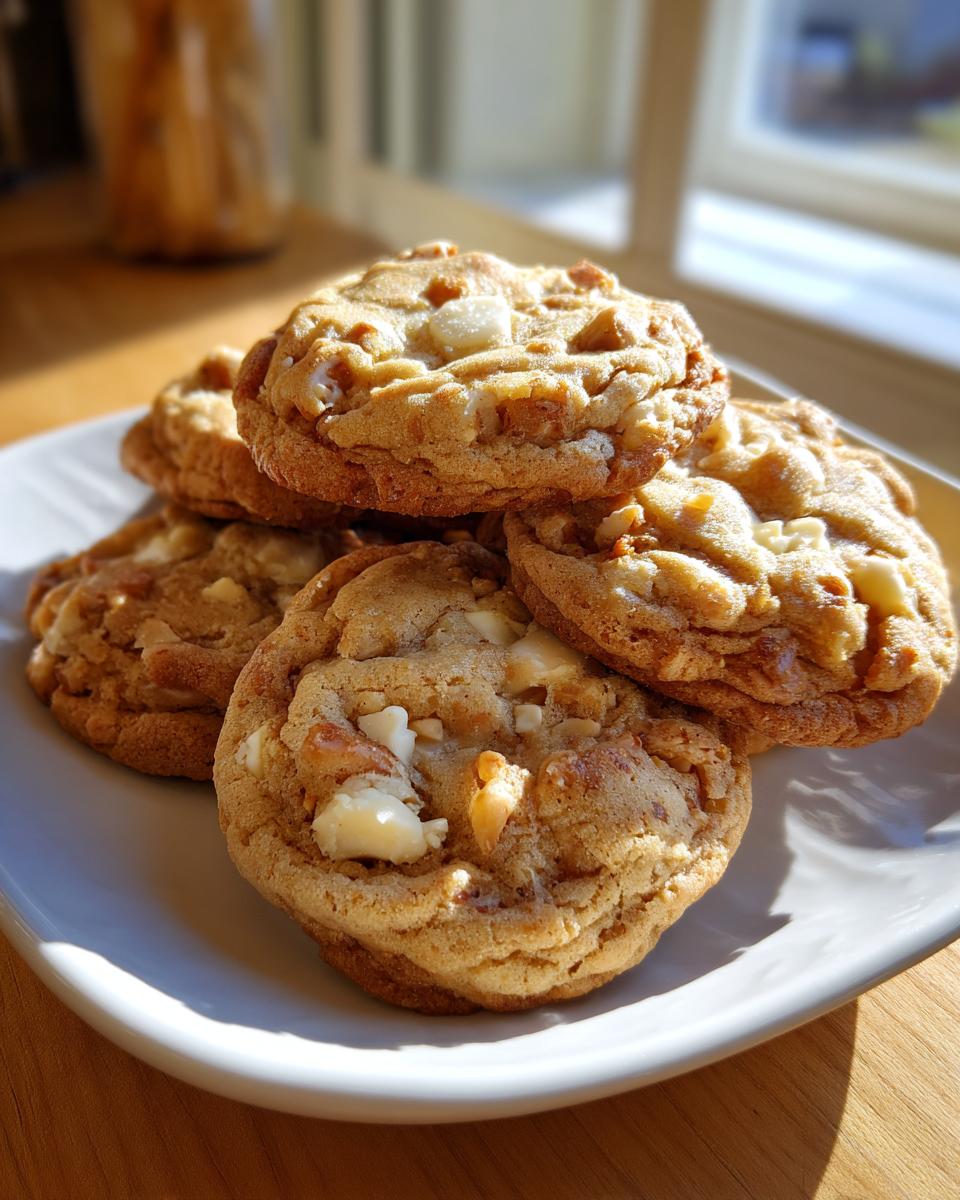 A stack of five golden brown white chocolate macadamia nut cookies on a white plate, illuminated by sunlight.