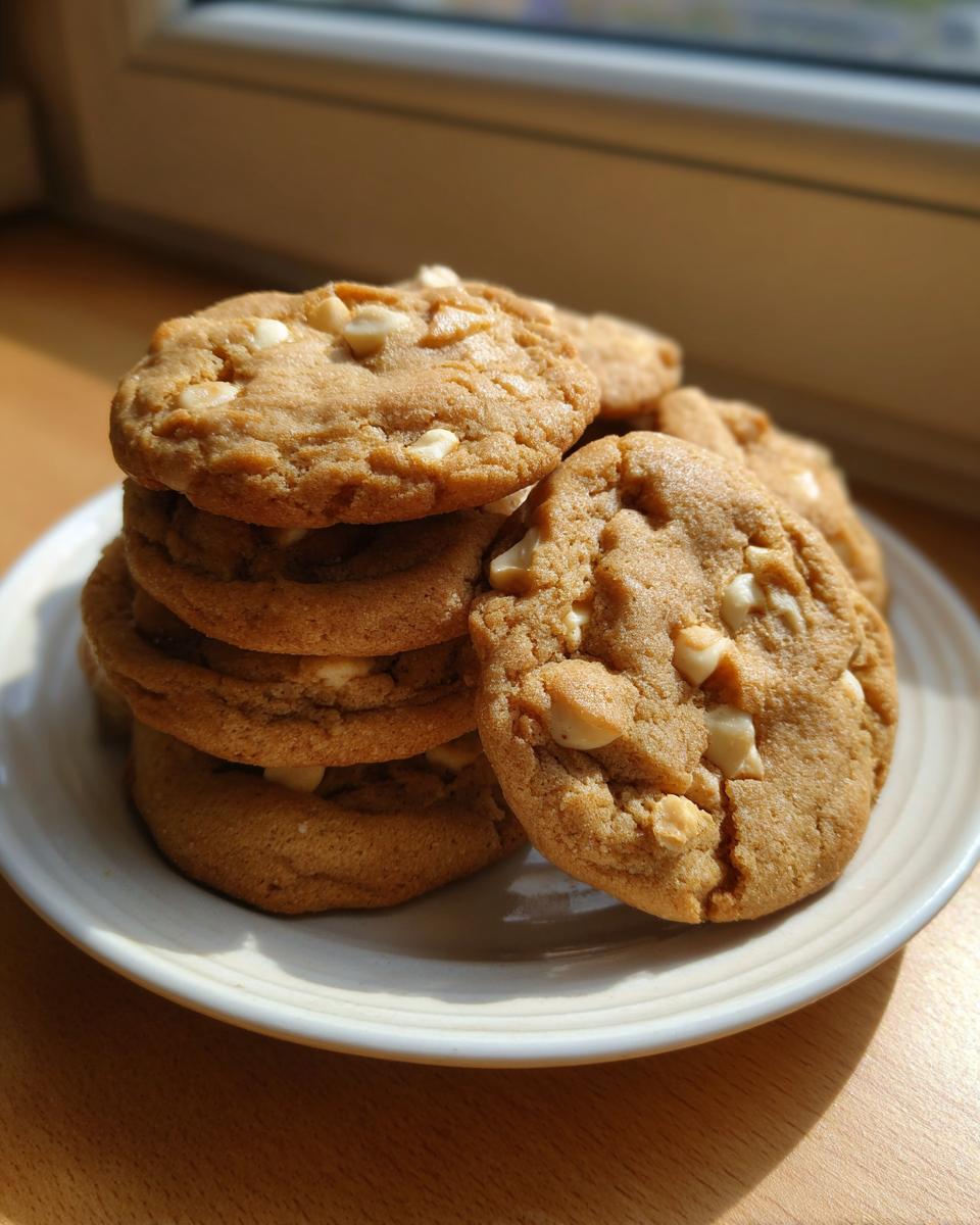 A stack of freshly baked white chocolate macadamia nut cookies resting on a white plate near a window.
