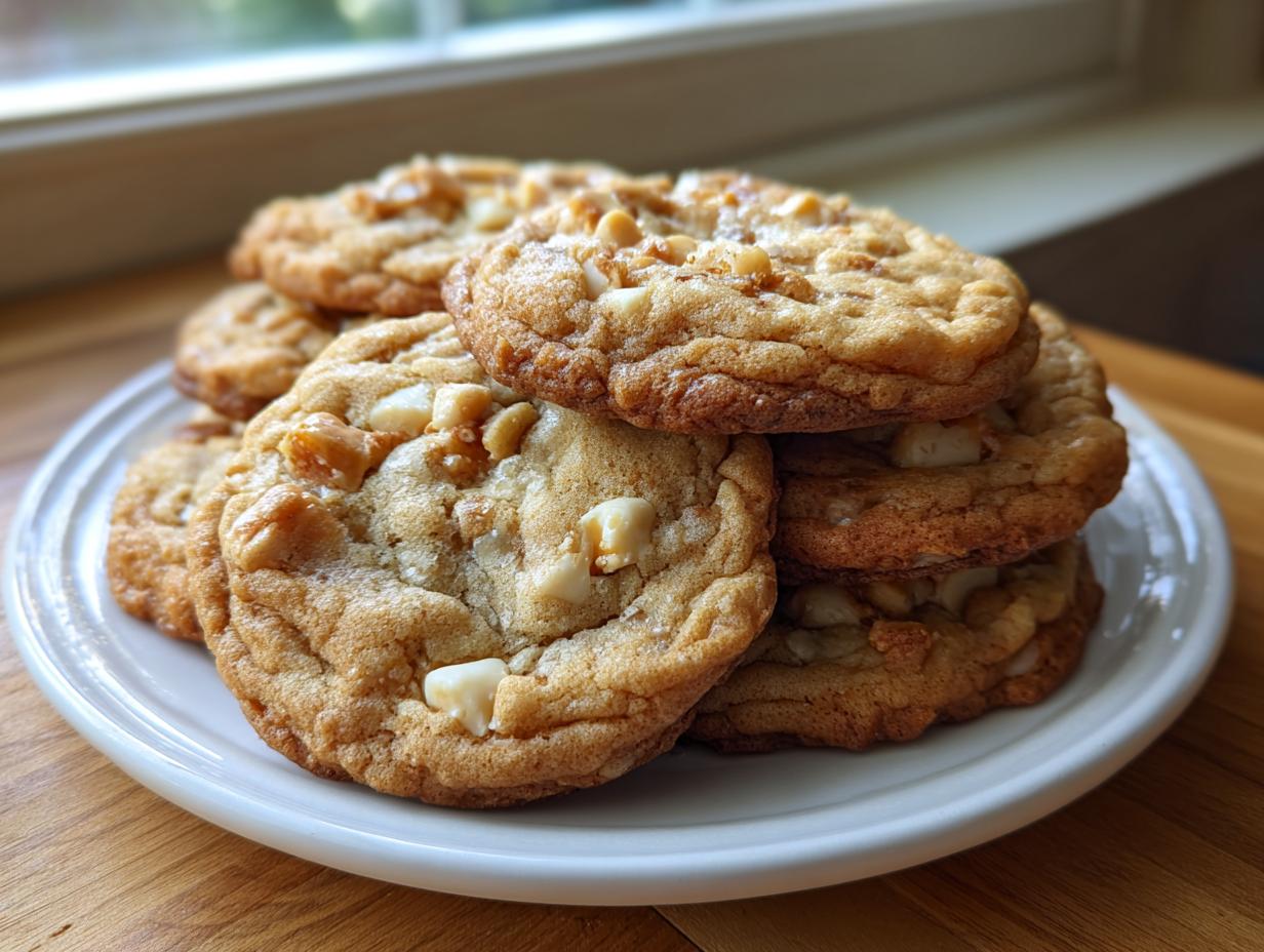 A close-up stack of freshly baked white chocolate macadamia nut cookies on a white plate.