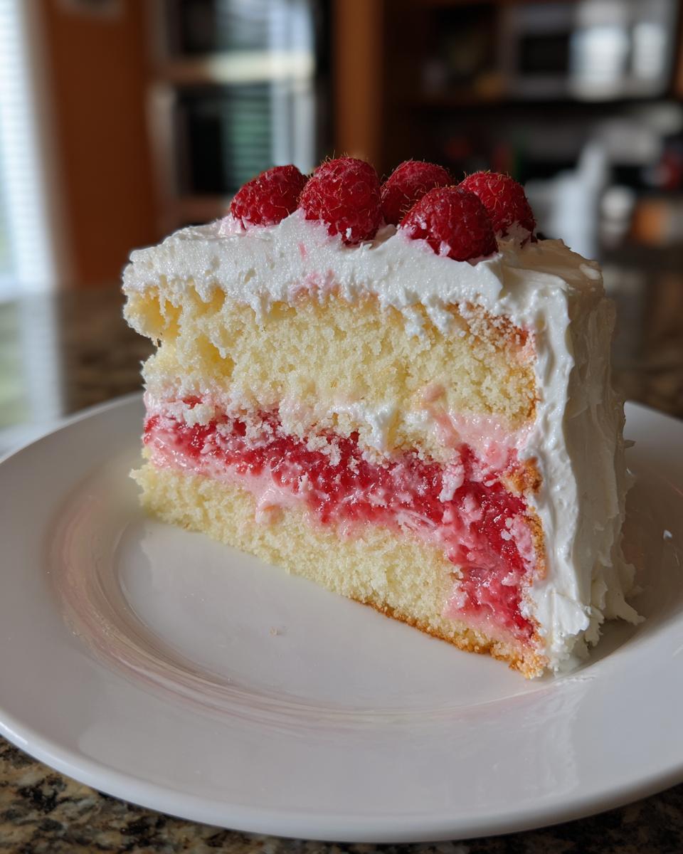 A generous slice of white chocolate raspberry cake featuring layers of light sponge, bright pink raspberry filling, and white frosting topped with fresh raspberries.