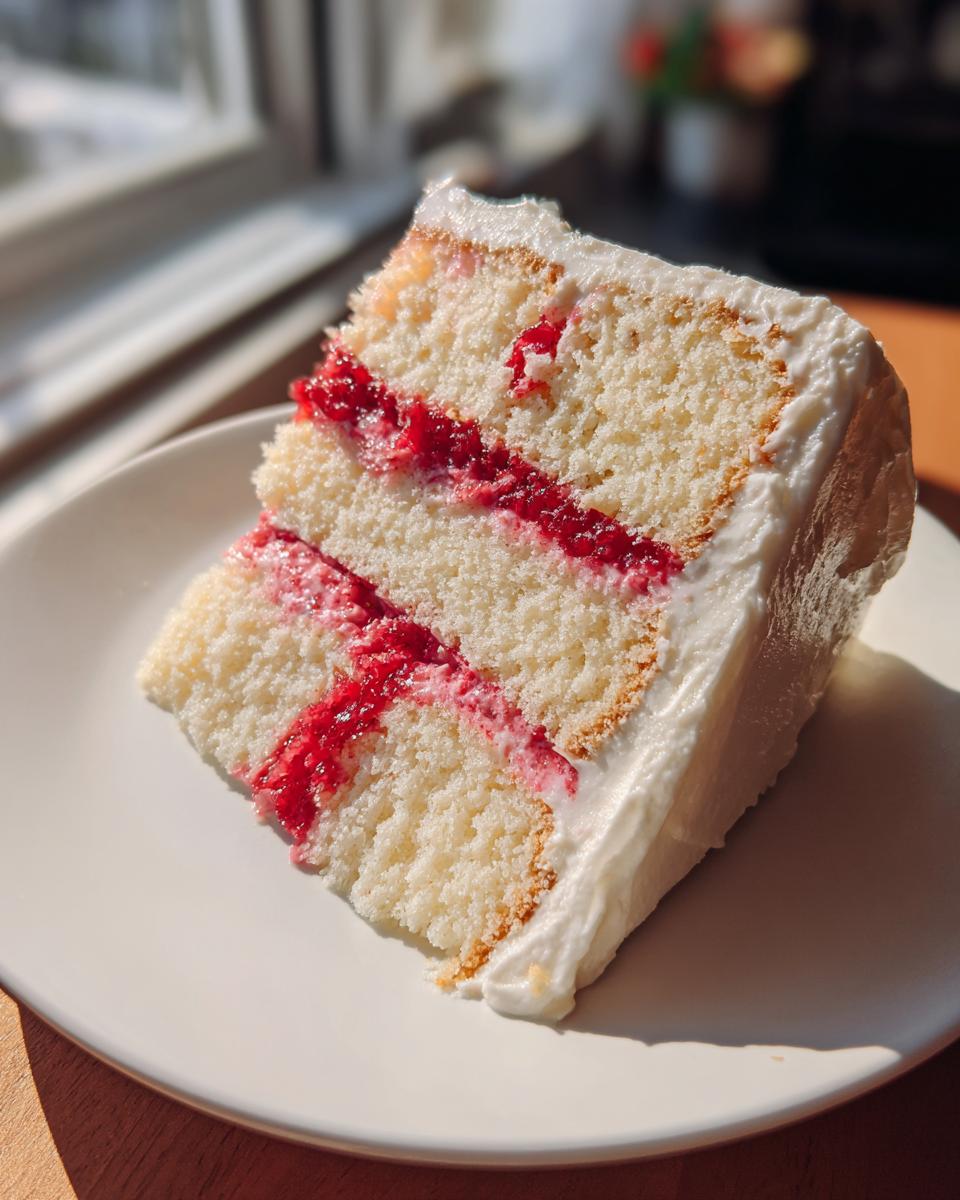 A close-up slice of white chocolate raspberry cake showing layers of white cake, bright red raspberry filling, and white frosting.