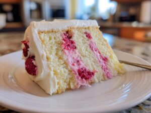A close-up of a generous slice of white chocolate raspberry cake showing layers of vanilla sponge, pink raspberry filling, and thick white frosting.