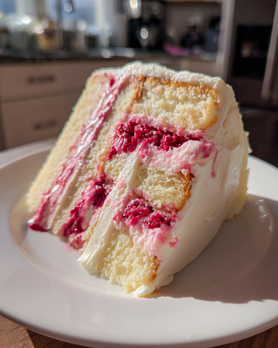 A tall slice of white chocolate raspberry cake showing layers of vanilla sponge, white frosting, and bright raspberry filling.