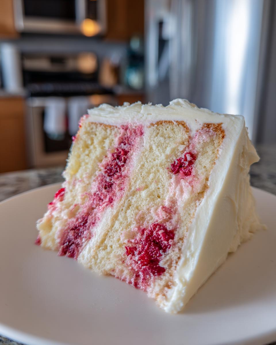 A generous slice of white chocolate raspberry cake showing layers of vanilla cake, raspberry filling, and white frosting.