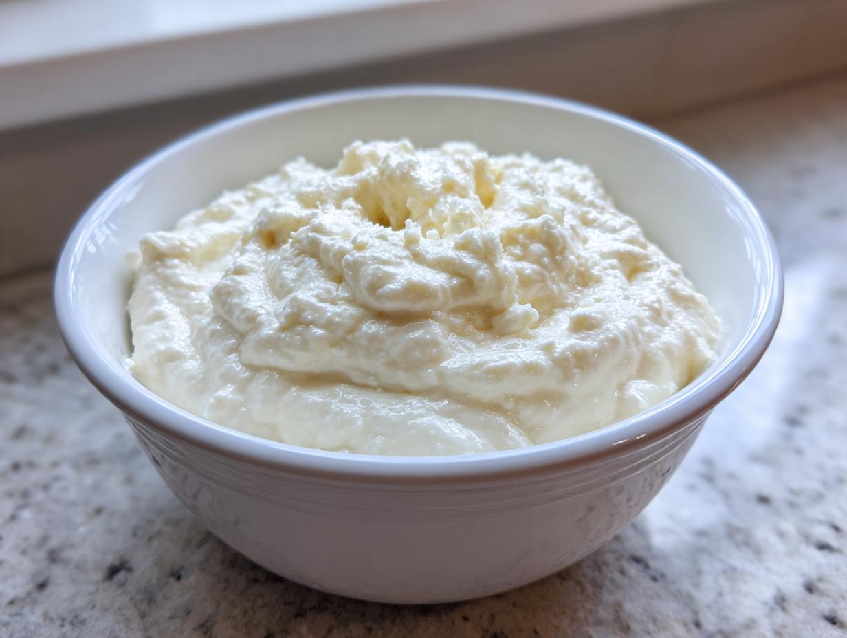 A close-up of thick, creamy white pizza sauce filling a small white bowl on a granite countertop.