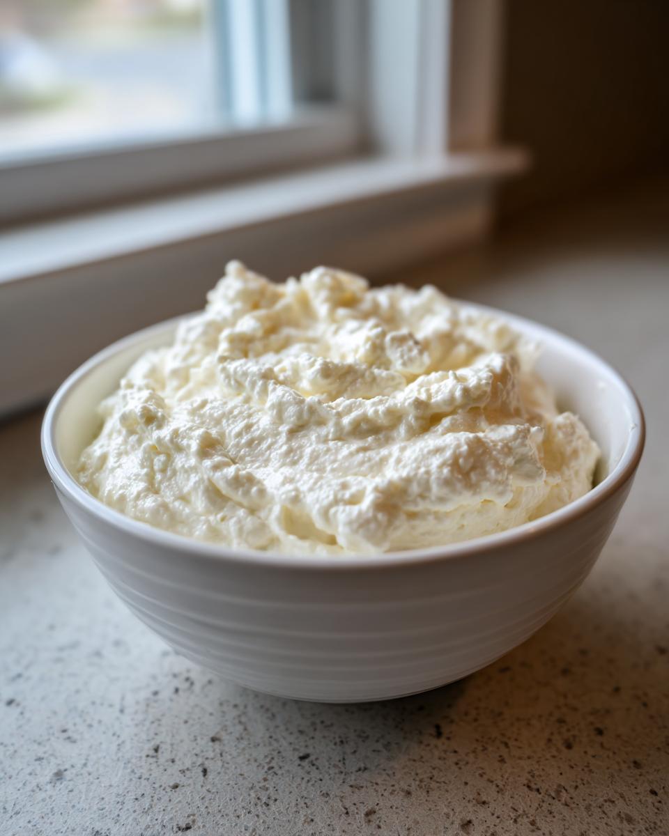 A white bowl filled with thick, creamy white pizza sauce mixture, likely ricotta or cream cheese based.
