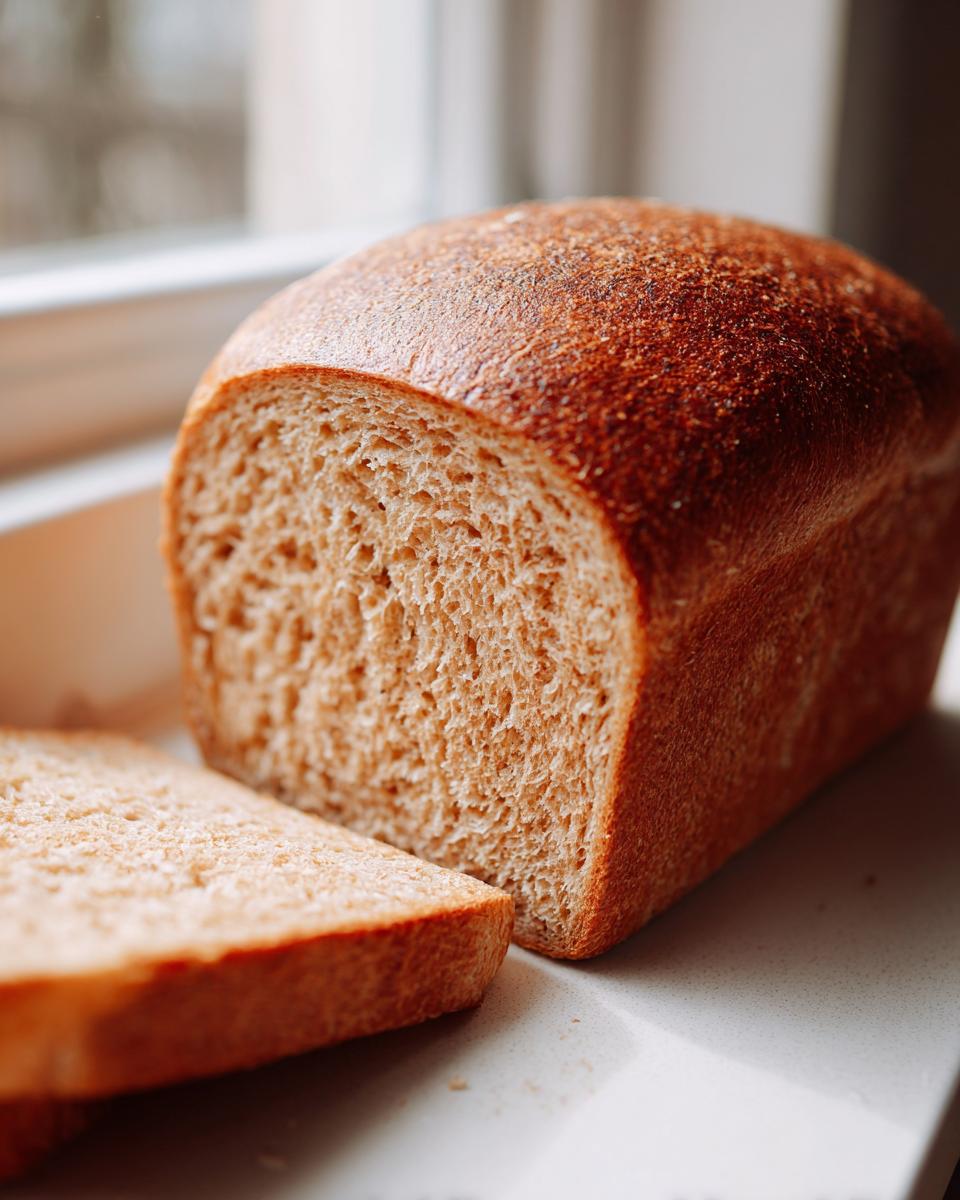 A close-up of a freshly baked loaf of whole wheat bread with one slice cut and resting in front of it.