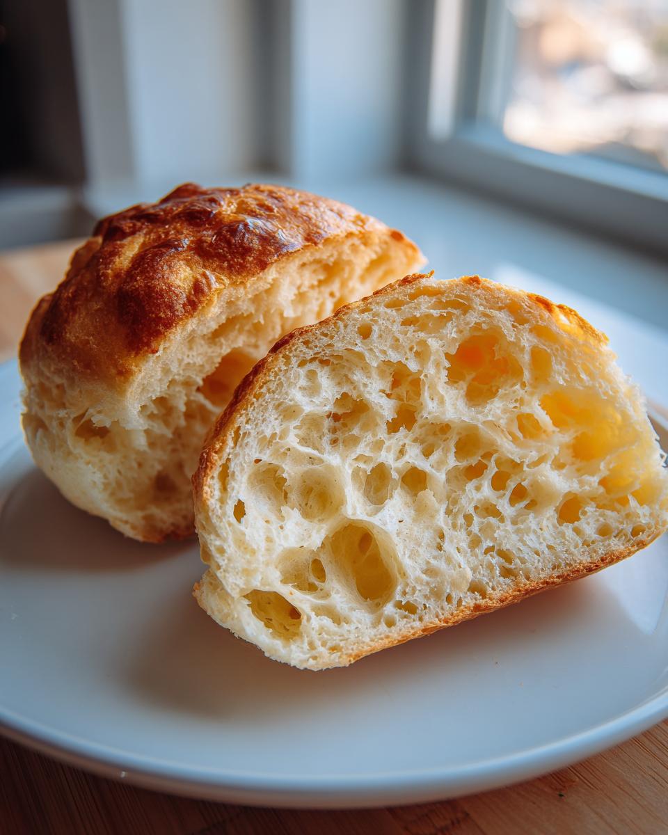 Close-up of homemade english muffins sliced in half showing the airy, porous crumb structure.