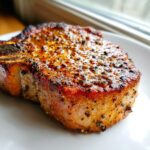 Close-up of a thick, juicy baked pork chop seasoned with cracked pepper and a shiny glaze, resting on a white plate.