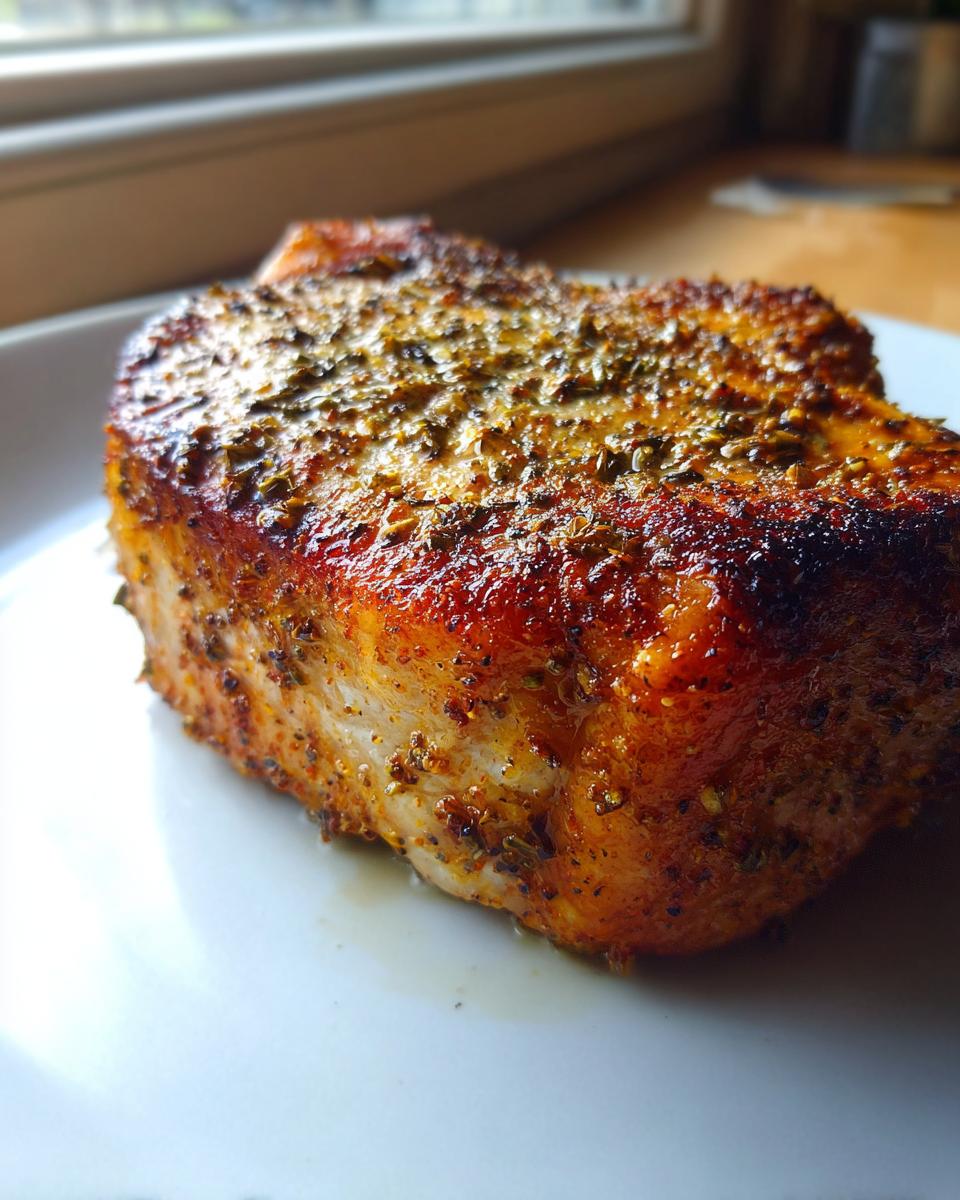 Close-up of a juicy, golden-brown baked pork chop seasoned heavily with herbs and spices.