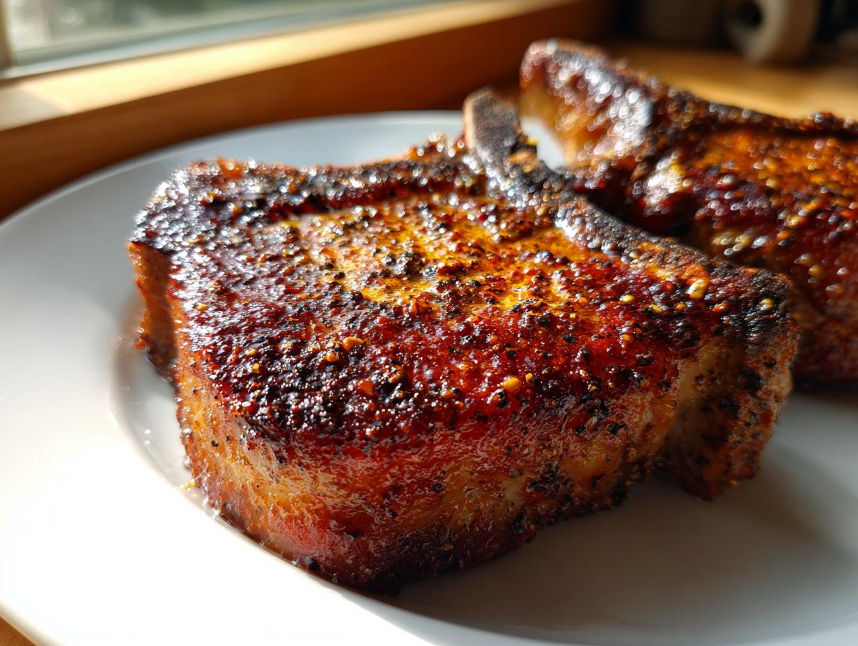 Close-up of two beautifully browned and seasoned baked pork chops resting on a white plate.